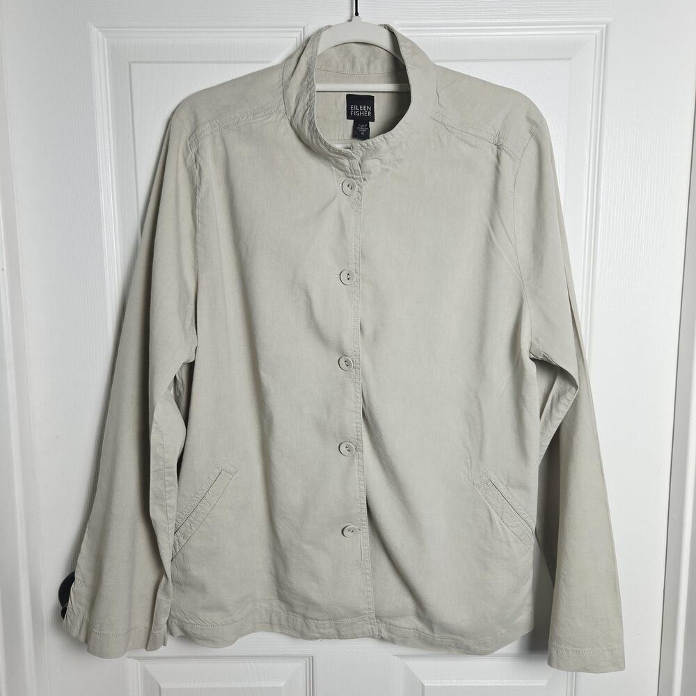 Eileen Fisher Jacket Womens XL Beige Linen Button Front Stand Collar Pockets
